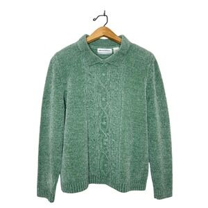 Vintage Alfred Dunner Embellished Green Chenille Knit Collared Sweater Petite S